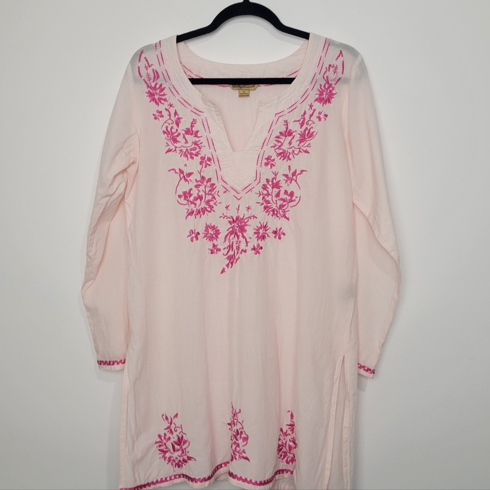 APRIL CORNELL WOMEN'S COTTON V NECK EMBROIDERED PINK TUNIC SIZE MEDIUM